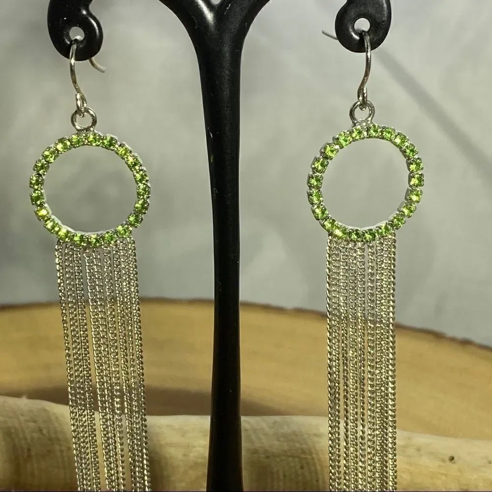 Green Rhinestones Silver Multi Chain Earrings - Picture 2 of 6